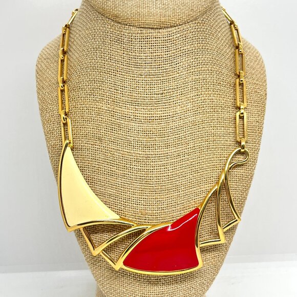 VINTAGE MONET RED CREAM ENAMEL GOLD BIB NECKLACE 80S MODERNIST STATEMENT - Picture 1 of 14